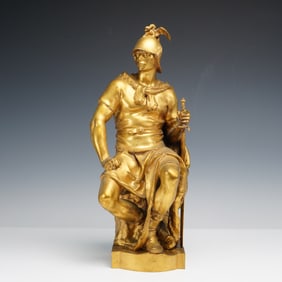 Paul Dubois, Barbedienne Gilded Bronze Sculpture, Seated Warrior, Signed