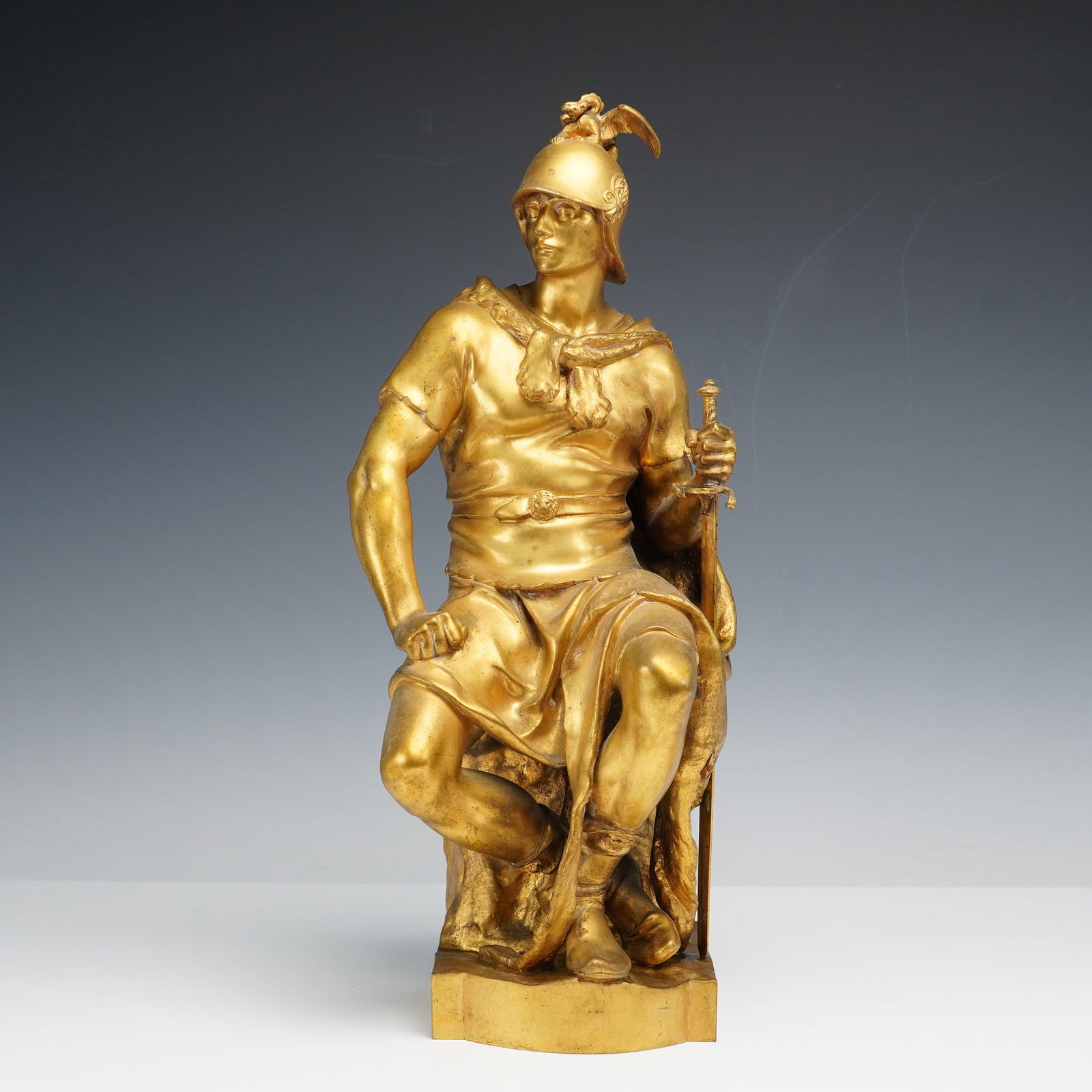 Paul Dubois, Barbedienne Gilded Bronze Sculpture, Seated Warrior, Signed (1 of 9)
