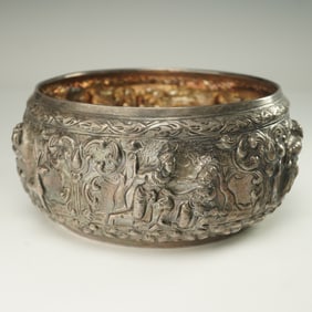 Burmese Silver Small Bowl with High Relief Figural Decoration