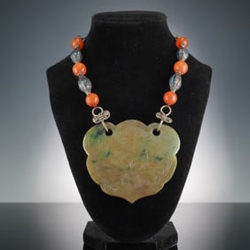Chinese Carved Jadeite Plaque Pendant Agate and Enamel Bead Necklace