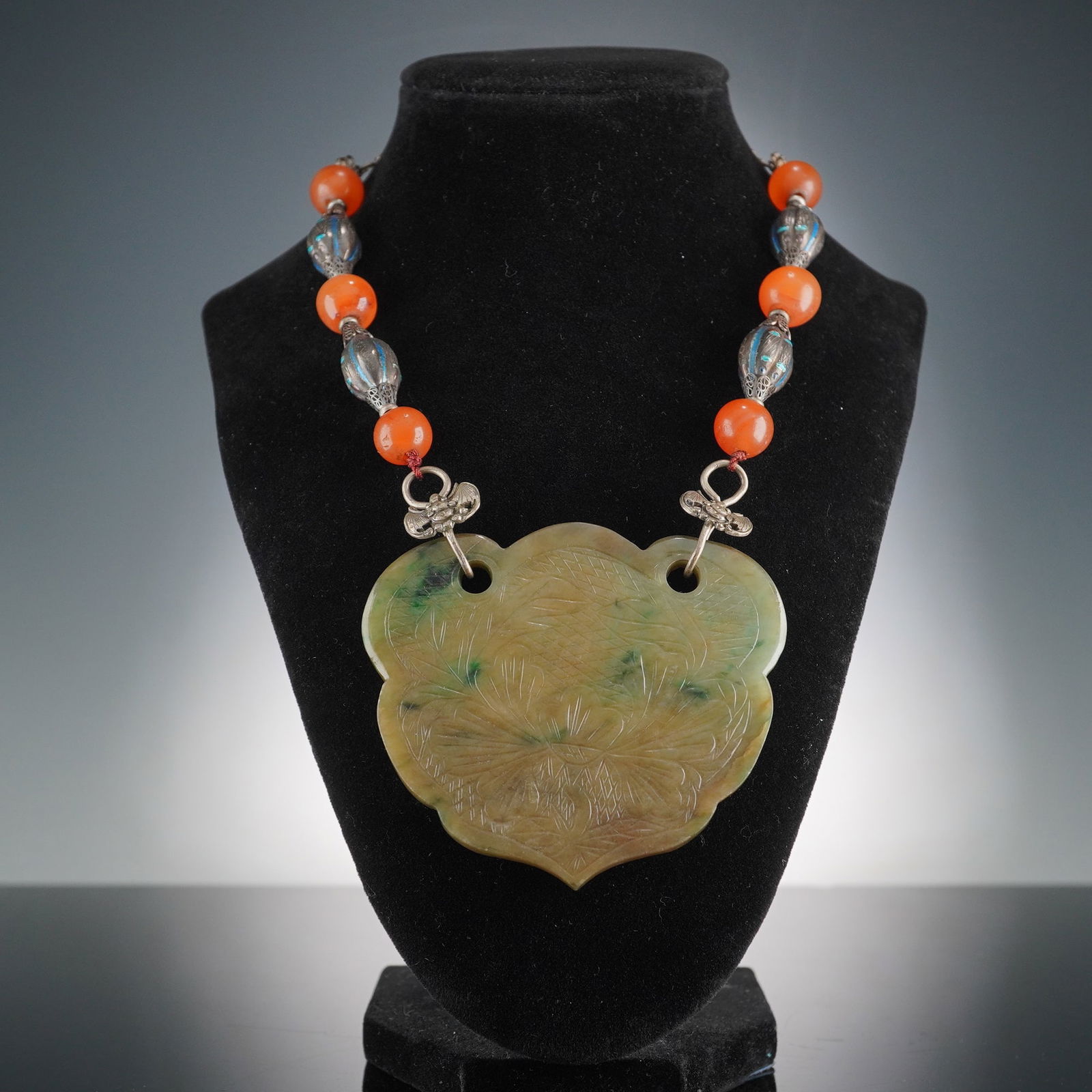 Chinese Carved Jadeite Plaque Pendant Agate and Enamel Bead Necklace (1 of 7)