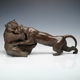 Japanese Meiji Period Bronze Bear and Tiger Sculpture
