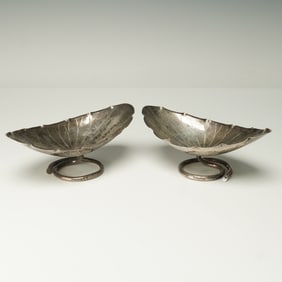 Pair of Japanese Silver Leaf Form Cups on Coiled Stem Bases