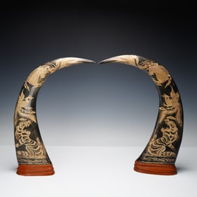 Pair of  Hand Carved Water Buffalo Horns