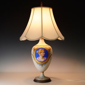 Hand-Painted Porcelain Portrait Table Lamp with Shade