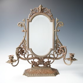 Antique Victorian Cast Metal Vanity Mirror w/Candleholders