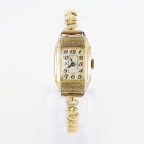 Elgin 10K Gold Plated Cocktail Watch, Art Deco Style Dial w/ Stretch Band
