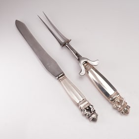 2pc Georg Jensen Sterling Silver & Stainless Steel Carving Set, Acorn