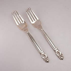 2pc Georg Jensen Sterling Silver Luncheon Forks, Acorn