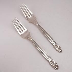 2pc Georg Jensen Sterling Silver Luncheon Forks, Acorn