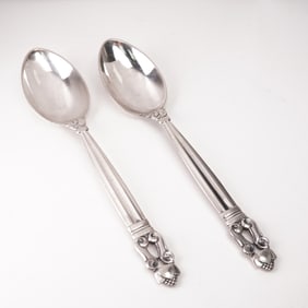 2pc Georg Jensen Sterling Silver Teaspoons, Acorn
