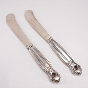 2pc Georg Jensen Sterling Silver Paddle Butter Spreaders, Acorn
