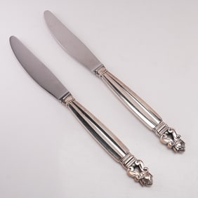 2pc Georg Jensen Sterling Silver Stainless Steel Dinner Knives, Acorn