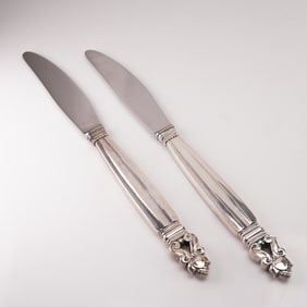 2pc Georg Jensen Sterling Silver Stainless Steel Dinner Knives, Acorn