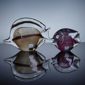 2pc Marcolin & Sardinia Art Glass Gold Fleck Fish Figurines, Signed