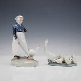 2pc Royal Copenhagen & Lladro Figurines, Goose Girl 528, Ducklings 1001307
