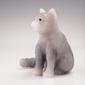 Russian Grey Jade Carved Figurine Raccoon with Sapphire Eyes