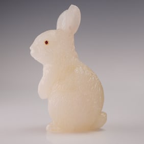 Russian White Jade Carved Figurine, Standing Rabbit with Natural Ruby Eyes