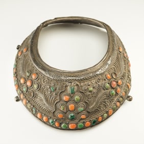 Mongolian Silver Headdress with Coral and Turquoise