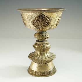 19th Century Tibetan Silver and Copper Butter Lamp