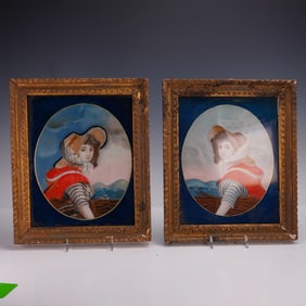 Pair of Framed Chinese Reverse Glass Portraiture Paintings