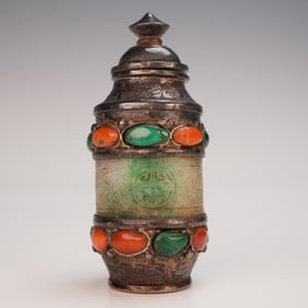 East Asian Silver, Coral and Malachite Snuff Bottle