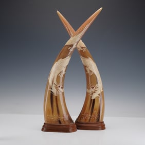 Pair of Dragon Carving Water Buffalo Horns
