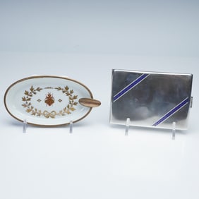 2pc Art Deco Style Limoges Gilt Ashtray & Cigarette Case