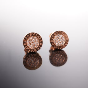 Bulgari Rose 18K Gold Round Stud Earrings w/ Pave-Set Diamonds