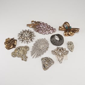 10pc Rhinestone and Metal Brooches, Clips, and Hair Comb