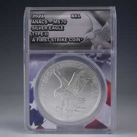 2021 Silver Eagle Dollar Coin, ANACS MS70 Type II First Strike