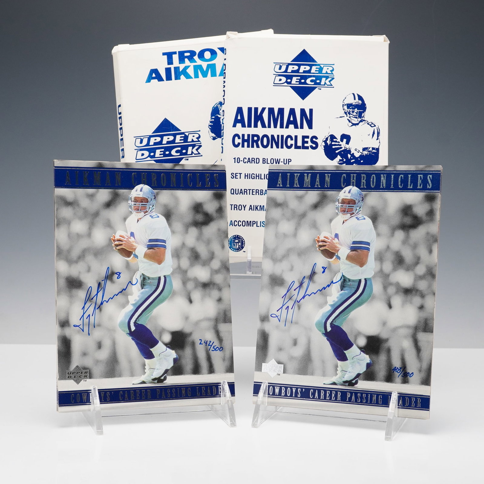 2pc Set of Upper Deck Troy Aikman Card Blowups: Card Blow-Ups featuring legendary Dallas Cowboys quarterback Troy Aikman. Each large-format collectible highlights set come with an additional hand-signed by the player in blue ink, with individual nu