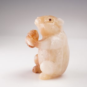 Russian Jade Carved Figurine, Squirrel with Ruby Eyes