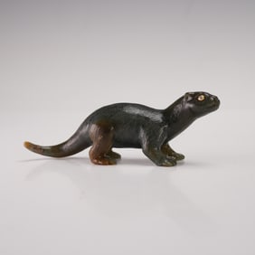 Russian Spinach Jade Carved Figurine, Otter with Diamond Eyes
