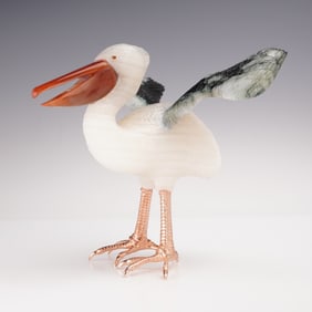 Russian White Jade Carved Pelican w/ 14K Gold Feet & Spinach Jade Wings