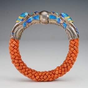 Chinese Coral and Silver Enamel Dragon Head Bracelet