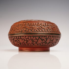 Chinese Carved Cinnabar Round Box with Landscape Scene
