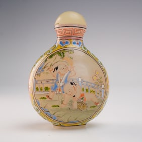 Chinese Enamel on Glass Snuff Bottle with Boys and Snow Lion Scene