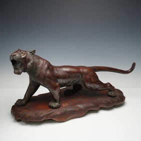 Japanese Meiji Period Bronze Tiger Sculpture on Carved Wood Base