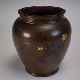 Japanese Bronze Bird and Floral Inlay Vase