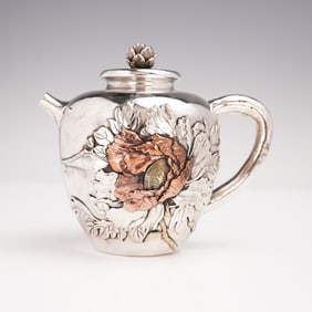 Japanese Mixed Metal Teapot with Lid, Peony Motif