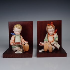 Pair of Goebel Hummel 70th Anniversary Bookends, Bookworm Boy & Girl