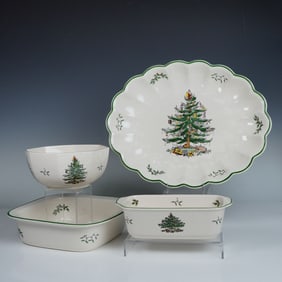 4pc Spode Porcelain Christmas Tree Serving Dishes, Bowls & Platter