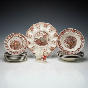 14pc Johnson Bros His Majesty Turkey Dinnerware Set and Dept 56 Figurine
