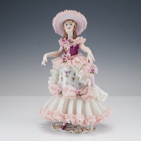 Dresden Porcelain Lady in Pink Gown Lace Figurine