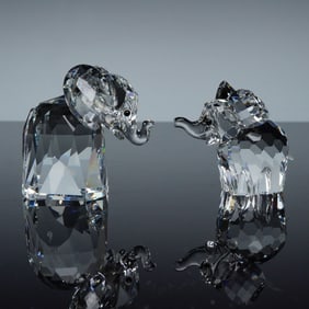 2pc Swarovski Crystal Figurines, LG Elephants w/Metal & Frosted Tails