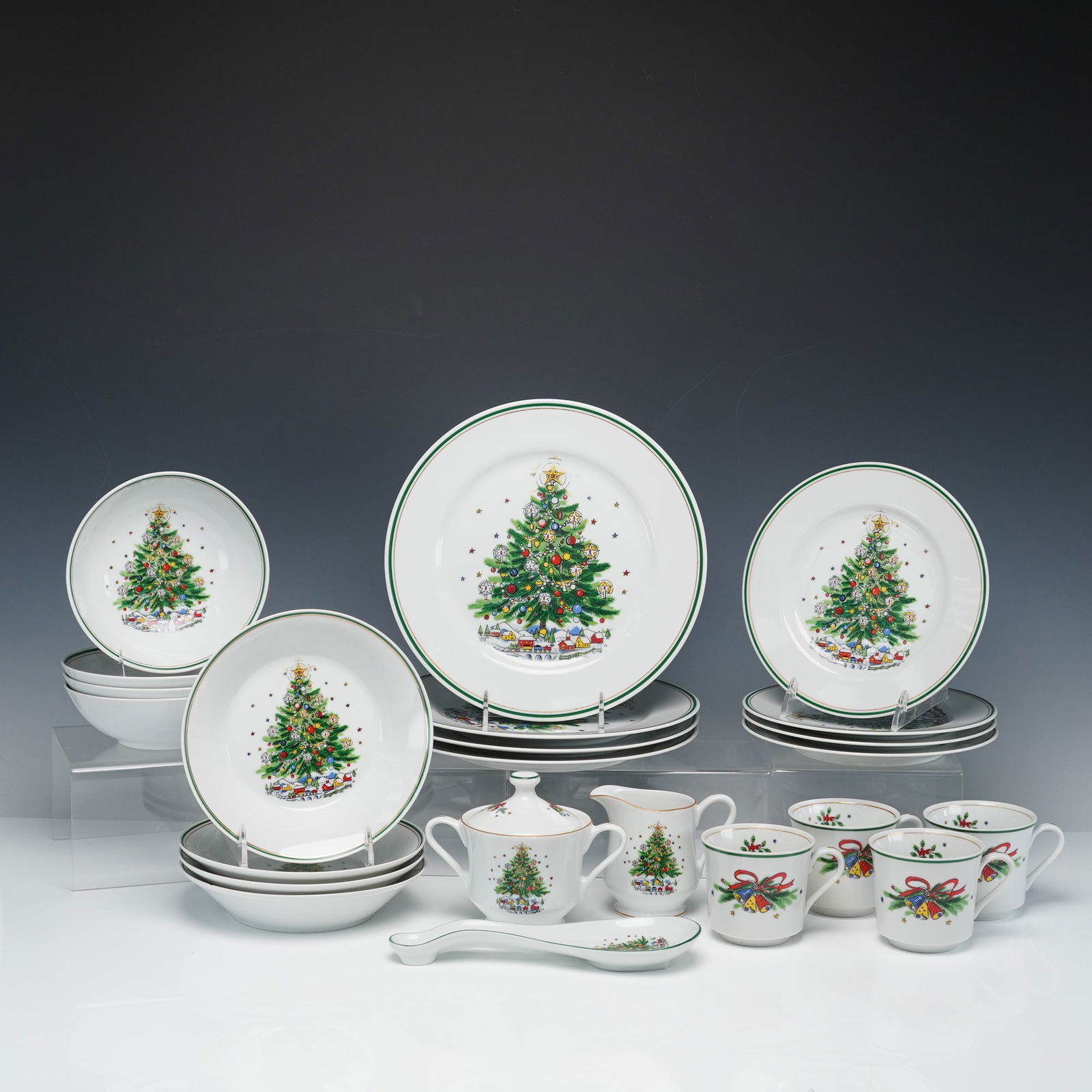 23pc Salem Porcelain China Christmas Eve Tableware Set: A festive 23-piece Salem Porcelain China Christmas Eve tableware set comprising dinnerware and serving pieces for seasonal dining and entertaining. Included are 4 dinner plates, 4 salad plates, 4 coup