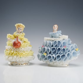 2pc Irish Dresden Lace Porcelain Figurines, Shannon and Easter Basket