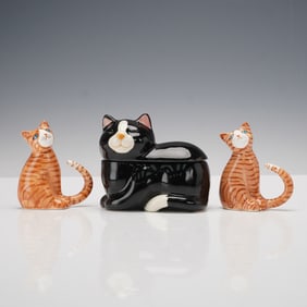 3pc Vintage Takashi Jar and Fine Bone China Figurines, Black and Tabby Cats