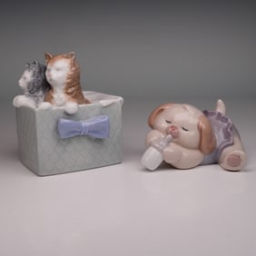 NAO by Lladro Figurines: Kittens in Box & Sleeping Puppy Pair